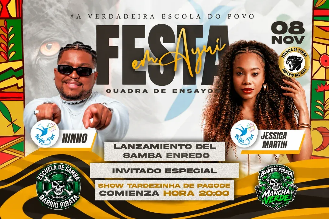 Cartaz da festa de lançamento do samba-enredo 2027 de Imperio del Ayuí, em 8 de novembro.