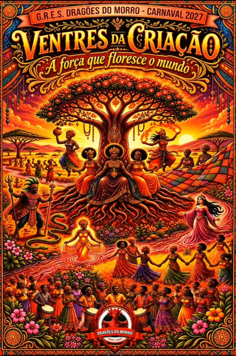Afiche del enredo Ventres da Criação de Dragões do Morro para el Carnaval 2027, con el árbol de la creación y la comunidad en ronda