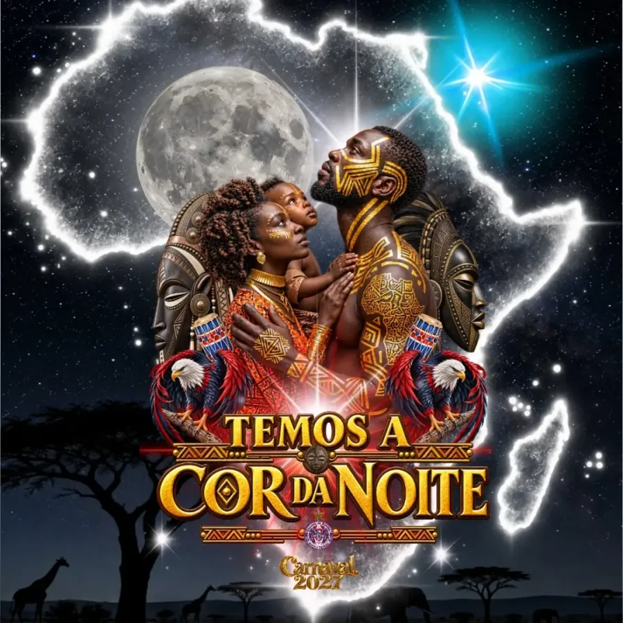 Poster for the Temos a Cor da Noite theme by Garra y Corazón: a family with golden body paint under the moon, the map of Africa and two bald eagles