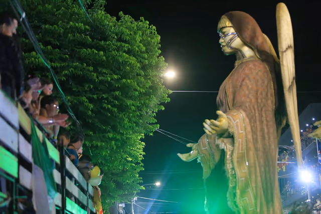 Masked figure from Académicos beside the float’s foliage