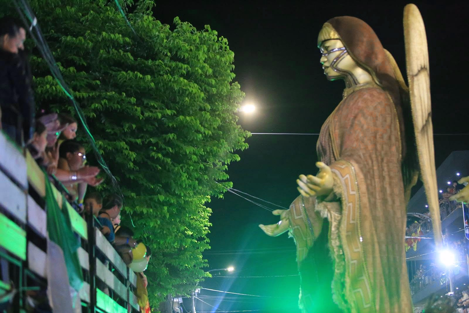 Masked figure from Académicos beside the float’s foliage